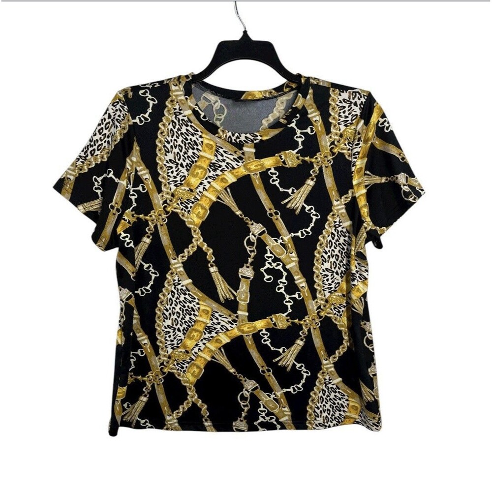 Gemstone Women's 1X Top Shirt Black Gold Chain Print Short Sleeve Blouse
